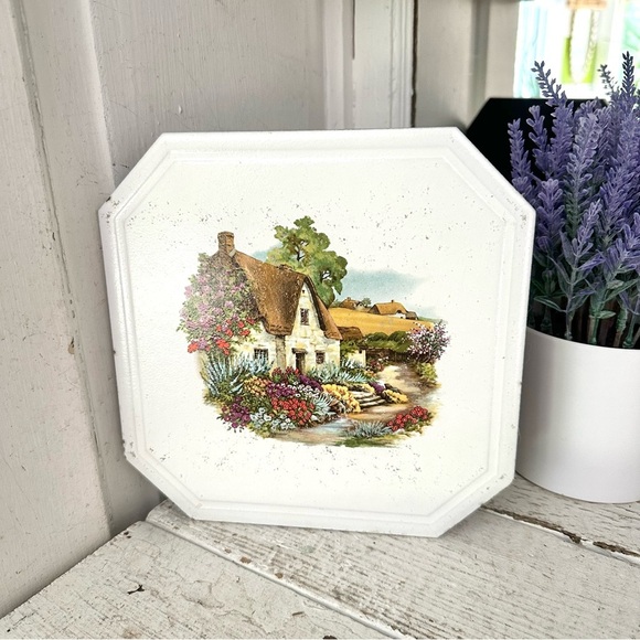 Vintage Other - Vintage Thatched English Cottage Scene Flowers on Tile Trivet Art Cottagecore
